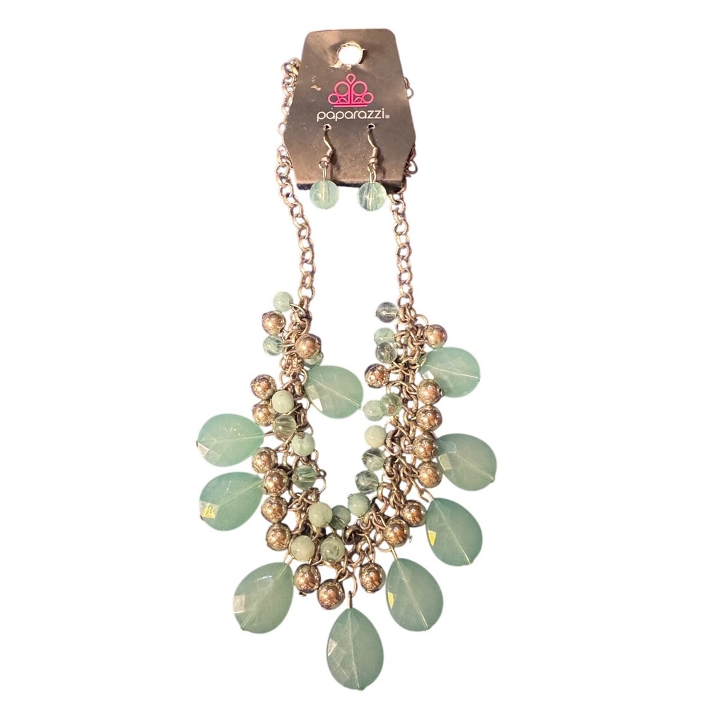 Paparazzi Seafoam Green Teardrop Bead Statement Necklace and Earring Set Silver